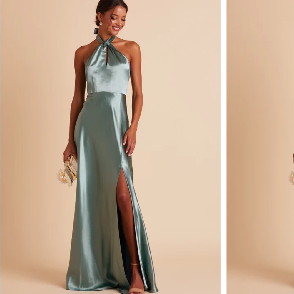 Birds Grey shiny satin sea glass Monica dress